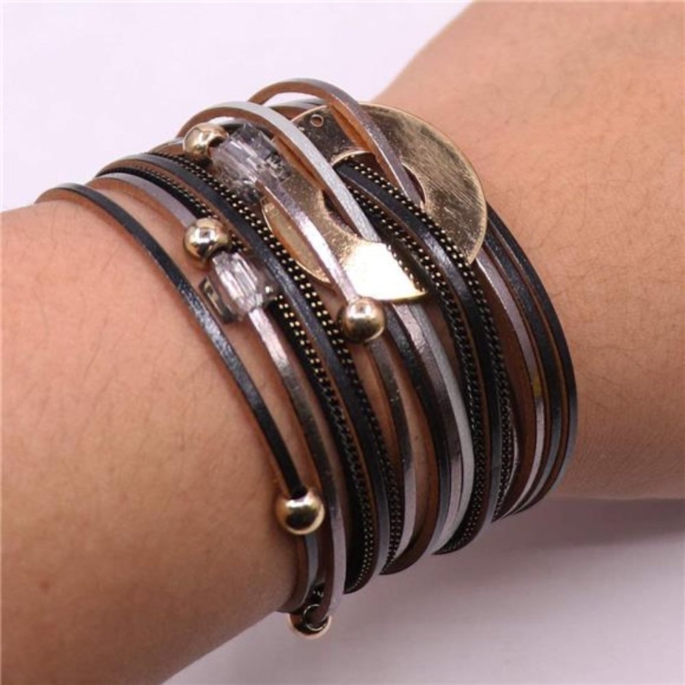 Boho Leather Wrap Bracelet, Wide Multilayer Braided Cuff